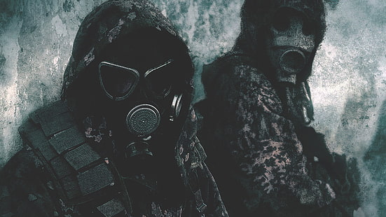 fond d'écran numérique de deux personnes portant des masques à gaz, masques à gaz, Fond d'écran HD HD wallpaper
