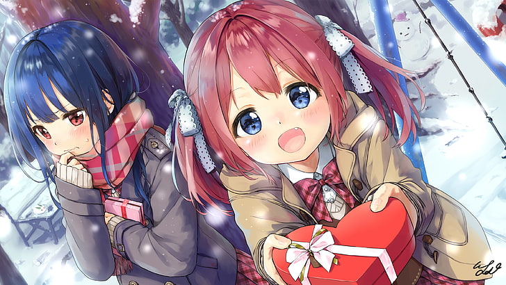 anime girls, valentine's day 2018, chocolate, winter, scarf, shy expression, Anime, HD wallpaper