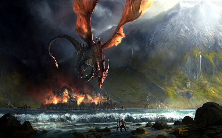 röd drake som flyger över vattnet grafisk tapet, drake, eld, brinnande, berg, HD tapet