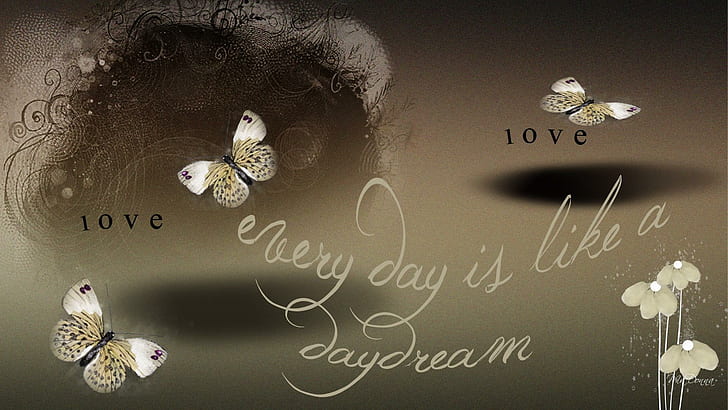 Every Day A Daydream, firefox persona, abstract, love, brown, butterflies, transparent, daydreams, flowers, 3d and abstract, HD wallpaper