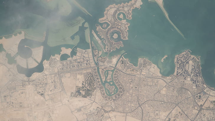 Доха, Катар, Ближний Восток, Средний Восток, космическая фотография, НАСА, спутниковые снимки, океан, пустыня, побережье, HD обои