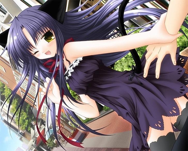 long purple-haired female visual novel character wallpaper, girl, brunette, fun, cat, tail, walk, HD wallpaper