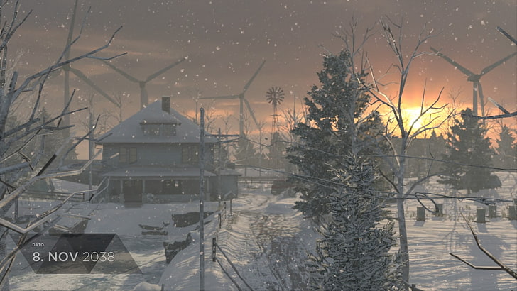 Detroit: Mensch werden, Schnee, Sonnenuntergang, Goldene Stunde, Bäume, Windmühle, Haus, HD-Hintergrundbild