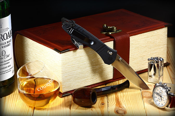 czarny nóż składany, zegarek, szkło, tuba, zapalniczka, nóż, składany, stołowy, m390,. whisky, book-box, McHenry & Williams, Tapety HD