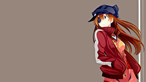 아스카 랭글리 시키 나미, 빨간 머리, 신세기 에반게리온, 플러그 슈트, 애니메이션 소녀들, 빨간 자켓, 안대, HD 배경 화면 HD wallpaper