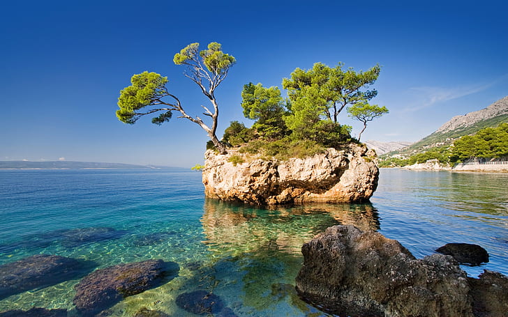 Croatia Sea Scenery Brela Crag Trees Nature 409622, HD wallpaper