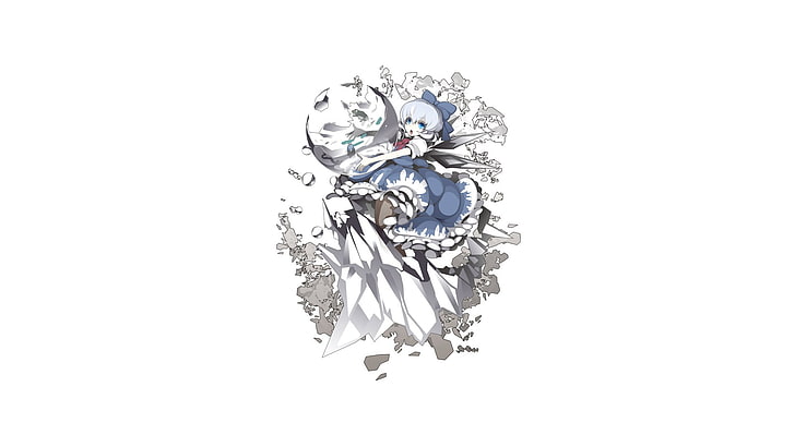decoração floral branca e preta, anime, Cirno, Touhou, asas, gelo, fios de cabelo, laços de cabelo, olhos azuis, cabelos brancos, vestido azul, HD papel de parede