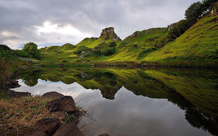 landscape, nature, Scotland, Skye, hills, reflection, UK, HD wallpaper