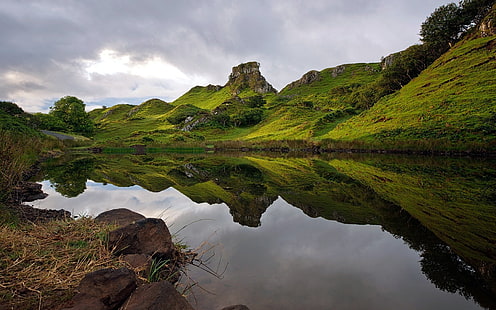 landscape, nature, Scotland, Skye, hills, reflection, UK, HD wallpaper HD wallpaper