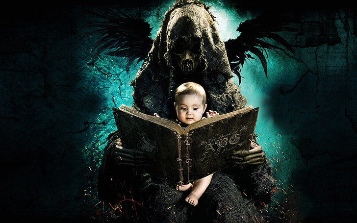 boy reading book wallpaper, wall, skull, child, wings, the demon, Ghost, book, hoodie, The ABCs of Death, HD wallpaper