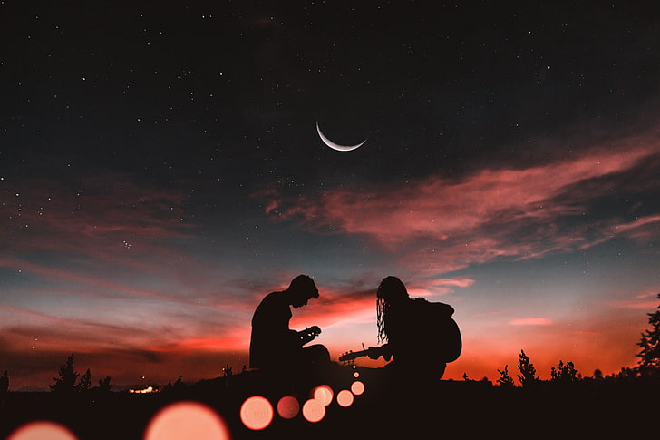 man and woman silhouette, silhouettes, couple, guitar, sunset, romance, starry sky, HD wallpaper