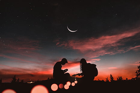 man and woman silhouette, silhouettes, couple, guitar, sunset, romance, starry sky, HD wallpaper HD wallpaper