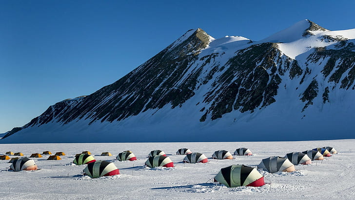 przyroda, krajobraz, zima, śnieg, Antarktyda, góry, namiot, pole, zaśnieżony szczyt, światło słoneczne, cień, Tapety HD