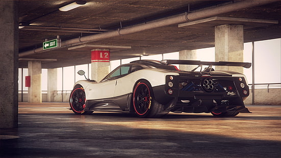 auto sportiva in bianco e nero, Pagani Zonda, supercar, Pagani, auto, garage, Sfondo HD HD wallpaper