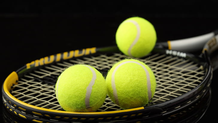 Tenis, pelota, raqueta de tenis, raqueta de tenis de césped amarillo y negro y pelota, tenis, pelota, raqueta de tenis, Fondo de pantalla HD