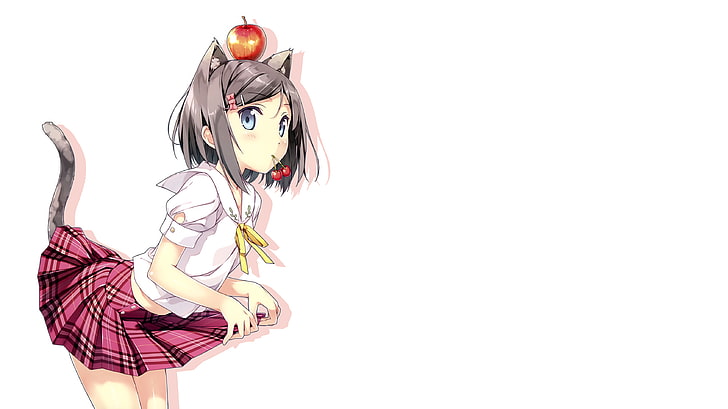 henneko, tsutsukakushi tsukiko, animal ears, tail, apple, cherry, Anime, HD wallpaper