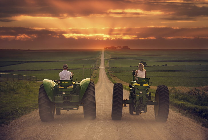 dwa zielone traktory John Deere, krajobraz, pole, traktory, pojazd, Tapety HD