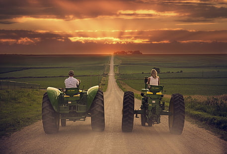 deux tracteurs John Deere verts, paysage, champ, tracteurs, véhicule, Fond d'écran HD HD wallpaper