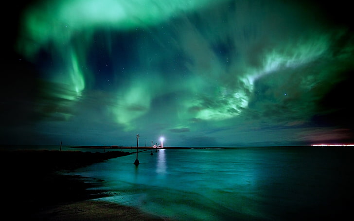 Aurora boreale verde, aurore, paesaggio, Sfondo HD