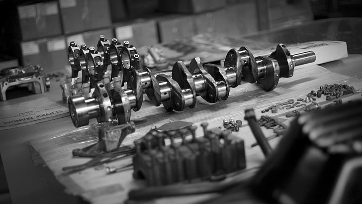 silver crankshaft, engine, spare parts, the piston, rod, the crankshaft, HD wallpaper