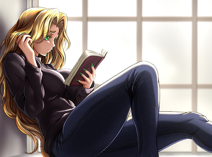 Fate/Grand Order, Fate Series, jeans, reading, blonde, big boobs, green eyes, green nails, black sweater, thighs, anime, Quetzalcoatl (FGO), alternate costume, long hair, sitting, long nails, shiny hair, women indoors, curvy, fan art, artwork, jewelry, FGO, 2D, anime girls, solo, HD wallpaper