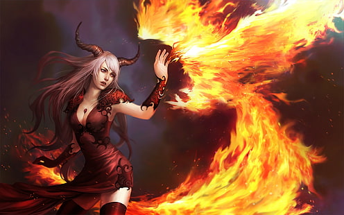 phoenix, fire, women, demoness, grey hair, horns, magic, fantasy girl, fantasy art, HD wallpaper HD wallpaper