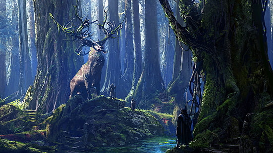 северни елени, стоящи до дървета цифрови тапети, друиди, елени, река, гора, мъх, фентъзи изкуство, цифрово изкуство, HD тапет HD wallpaper