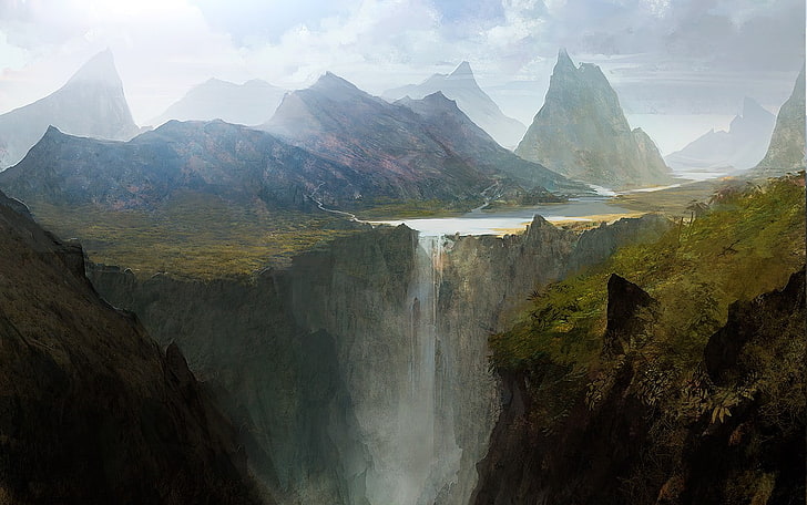 Andree Wallin, อาร์ตเวิร์ค, Concept Art, ภูมิทัศน์, ภูเขา, ธรรมชาติ, น้ำ, น้ำตก, วอลล์เปเปอร์ HD