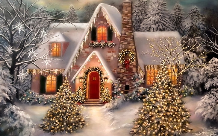 Urlaub, Weihnachten, Weihnachtsbeleuchtung, Haus, Licht, Schnee, Winter, HD-Hintergrundbild