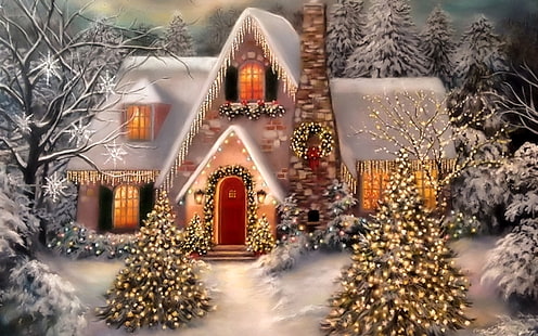 Vacaciones, Navidad, Luces de Navidad, Casa, Luz, Nieve, Invierno, Fondo de pantalla HD HD wallpaper