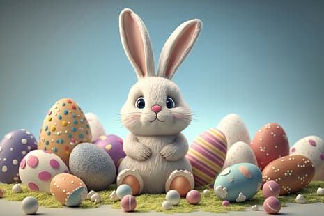 huevos, colorido, conejo, Pascua, primavera, conejito, lindo, decoración, Fondo de pantalla HD HD wallpaper