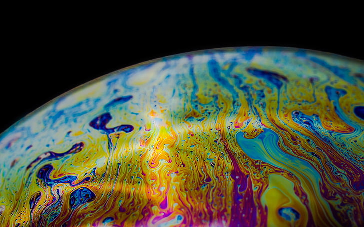 purple, pink, and white liquid, closeup photo of yellow, teal, and blue abstract artwork, soap, bubbles, macro, abstract, colorful, photography, black background, HD wallpaper