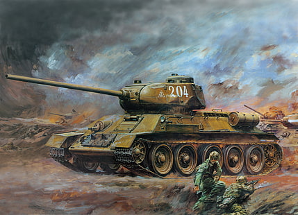 илюстрация на зелен боен танк, изкуство, танк, T - 34 - 85, HD тапет HD wallpaper