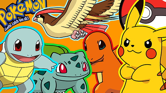 วอลล์เปเปอร์ดิจิตอลตัวละคร Pokemon, Pikachu, โปเกมอน, bulbasaur, squirtle, charmander, วอลล์เปเปอร์ HD HD wallpaper