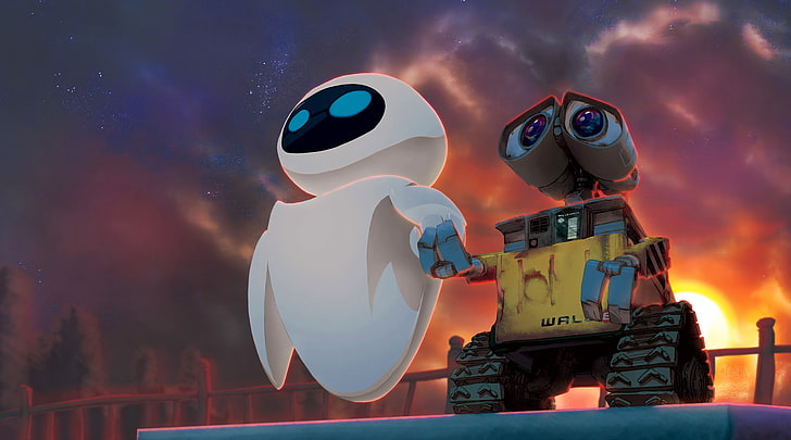 Carta da parati digitale WALL-E, tramonto, cartoni animati, robot, arte, Eva, walle, IVA, valle, Sfondo HD