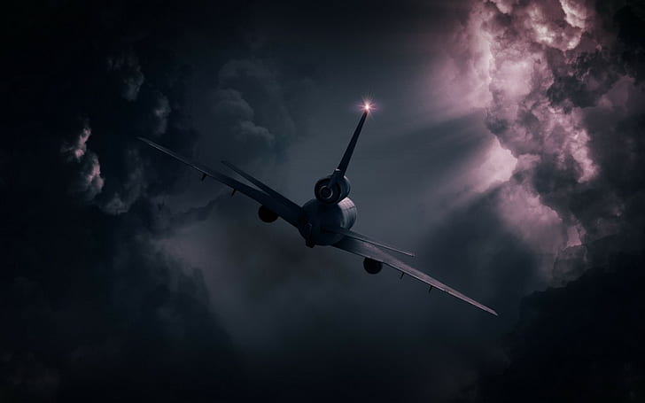 airplane, clouds, flying, lights, HD wallpaper