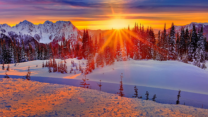 nature, winter, sky, snow, wilderness, freezing, dusk, sunset, pine forest, mountain, mount scenery, sunlight, HD wallpaper