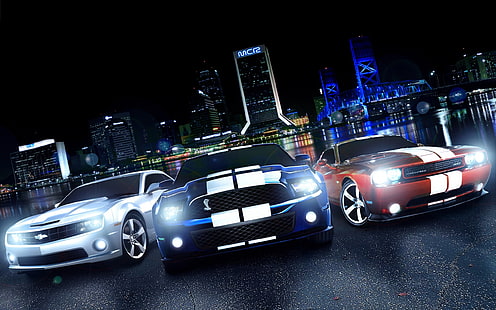 Chevrolet Camaro Ford Mustang Dodge Challenger SRT Cobra HD, синий форд мустанг шелби GT 500;Red Dodge Challenger;серебристый шевроле камаро сс, автомобили, форд, шевроле, мустанг, камаро, додж, кобра, претендент, срт, HD обои HD wallpaper