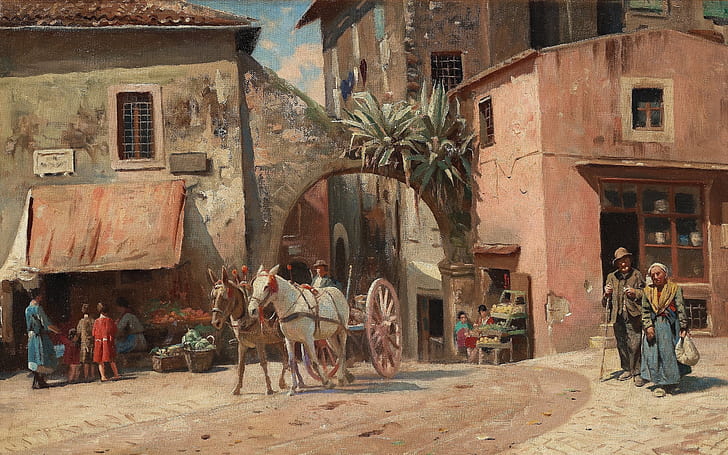Italia, pintor danés, 1928, Peter Merk de Menstad, Peder Mørk Mønsted, pintor realista danés, escena callejera de Tivoli, Fondo de pantalla HD
