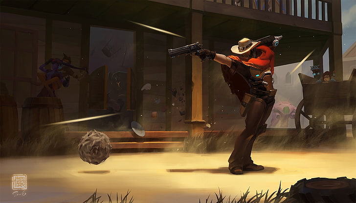 pria memegang ilustrasi pistol, Overwatch, McCree (Overwatch), Mcdaberoni, Wallpaper HD