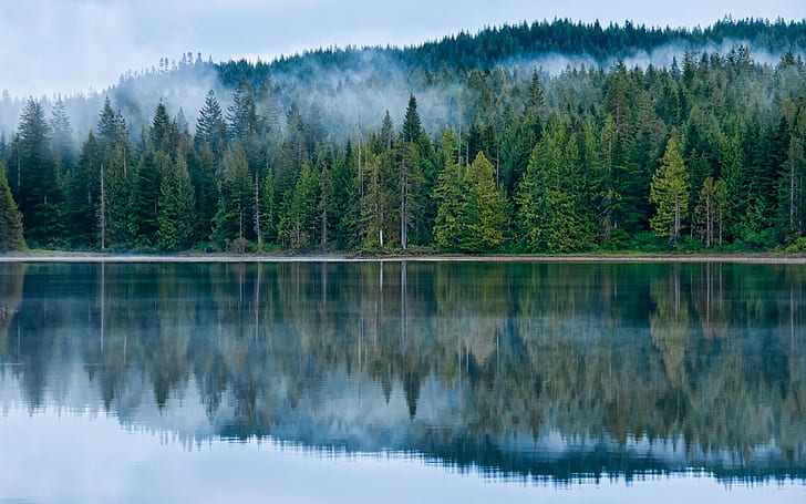 Езеро, гора, мъгла, отражение, природа, езеро, гора, мъгла, отражение, природа, 1600x1000, HD тапет