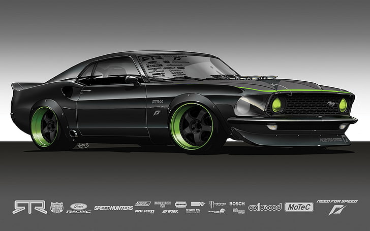 green and black Ford Mustang coupe, grey, Mustang, the concept, HD wallpaper
