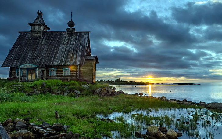 casa de madera marrón, naturaleza, puesta del sol, cielo, casa, Fondo de pantalla HD