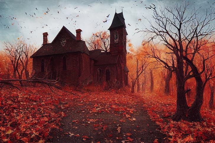 hantu, rumah, musim gugur, kelelawar, Halloween, Wallpaper HD