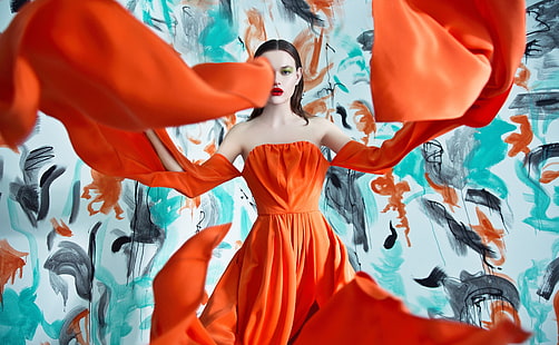 Life in Color, Girls, Orange, Style, People, Woman, Design, Wind, Photography, Model, Fashion, Paint, Dress, Vogue, glamour, snapshot, redlips, dressy, HD wallpaper HD wallpaper