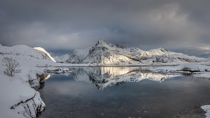Норвегия, природа, отражение, снег, Лофотенские острова, HD обои