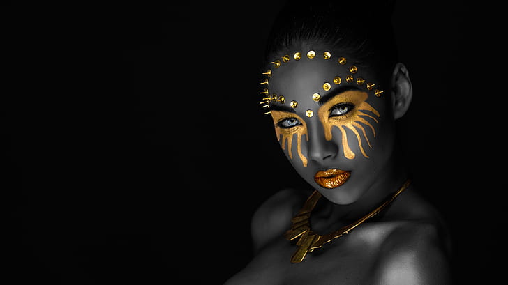 eyes, look, girl, decoration, face, style, portrait, treatment, makeup, mask, button, lips, black, image, mulatto, gold, black background, gold plated, grey, shoulders, necklace, HD wallpaper