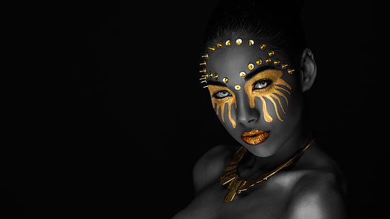 eyes, look, girl, decoration, face, style, portrait, treatment, makeup, mask, button, lips, black, image, mulatto, gold, black background, gold plated, grey, shoulders, necklace, HD wallpaper HD wallpaper