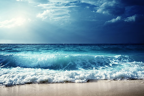 пляжные обои, море, волна, пляж, берег, морской пейзаж, песок, HD обои HD wallpaper