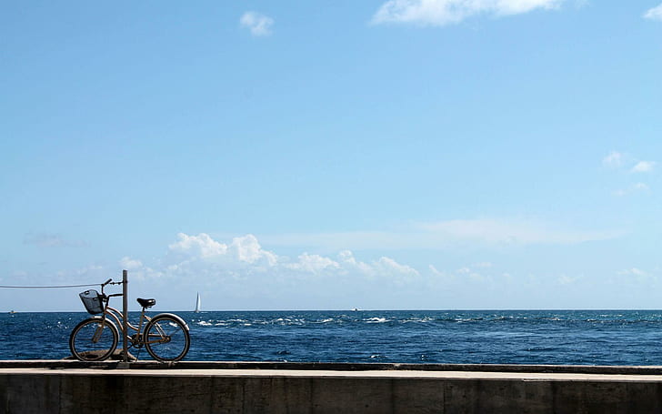Bicycle on the pier, silver cruiser bike, photography, 1920x1200, pier, bicycle, HD wallpaper